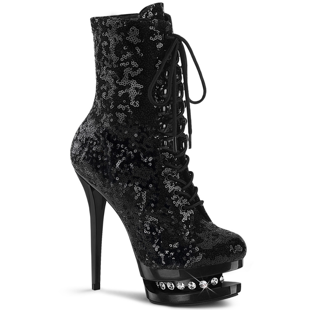 Elegant Black Sequin Lace-Up Ankle Boots